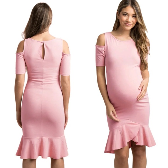 Pinkblush Peachy Pink Cold Shoulder Ruffle Tulip Hem Maternity Mini Dress - Picture 8 of 8